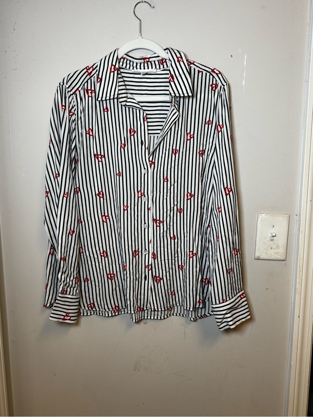 Jane + Delancey Black & White Striped Button-Up Shirt with Red Heart Accents